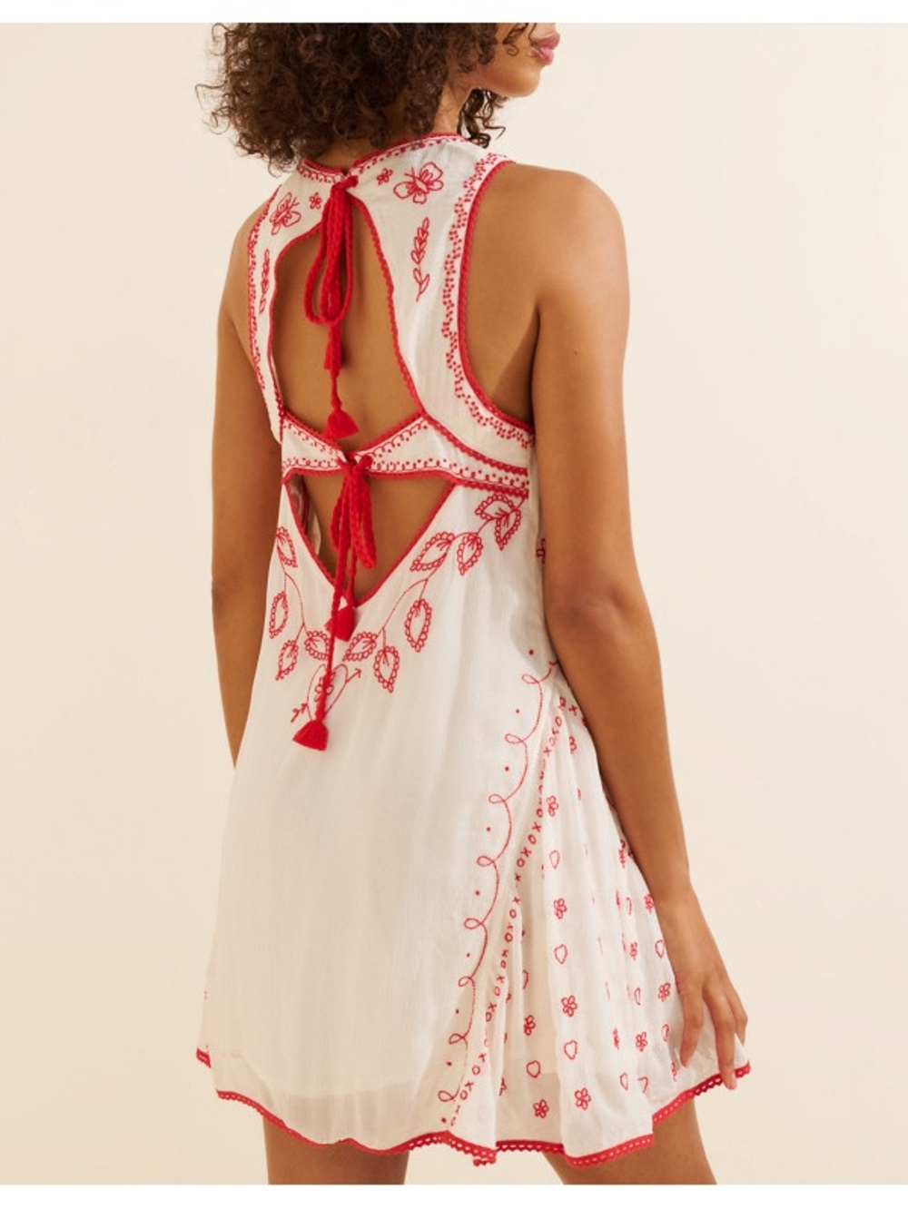 Free People Love Letters Mini Dress Ivory Red Embroidered Open Back Tassel M - Picture 5 of 16